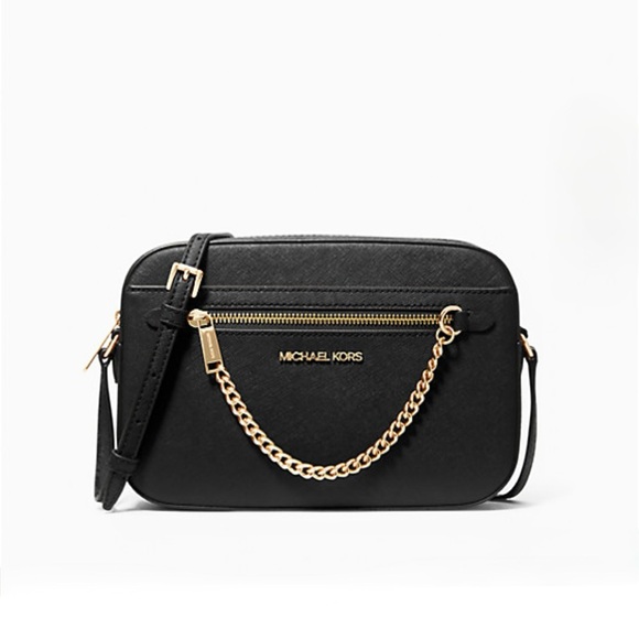 Michael Kors Black Saffiano Leather Crossbody Bag with Gold Chain Accent - Picture 1 of 11